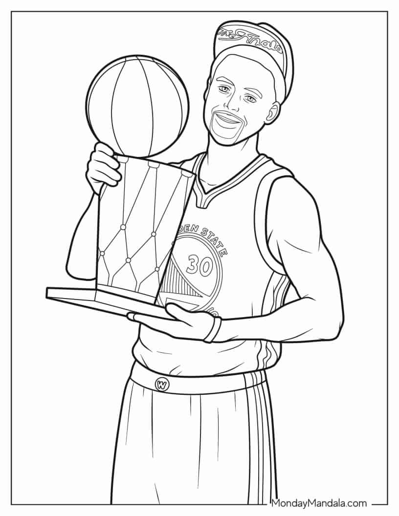 Coloring Sheet Of Stephen Curry Holding Championship Trophy coloring page