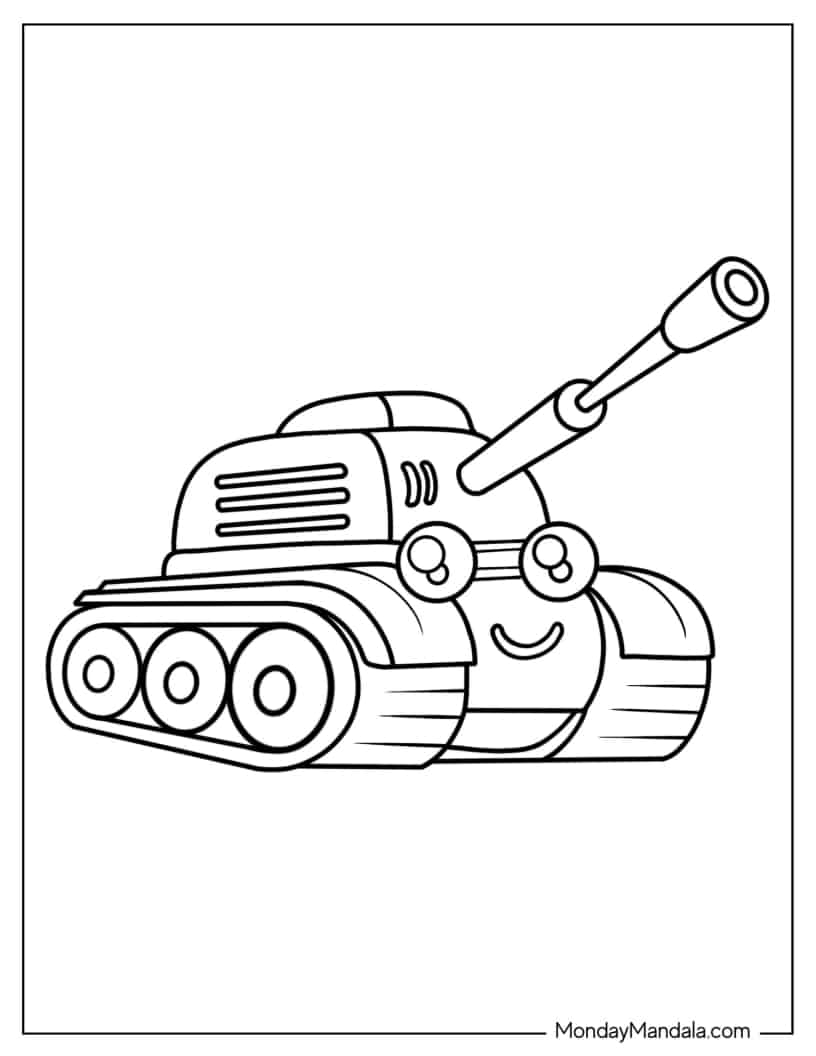 Coloring Sheet of Cartoon Military Tank With Smiling Face coloring page