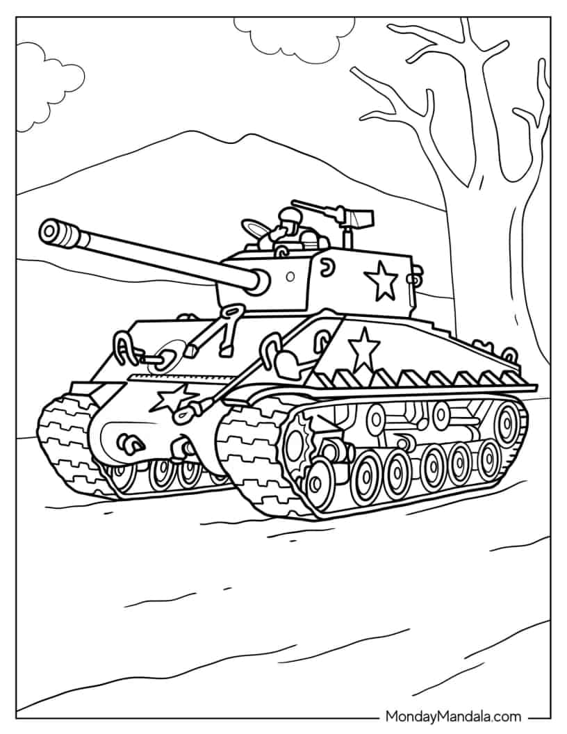 Military Tank on the Road With Gunner On Top coloring page