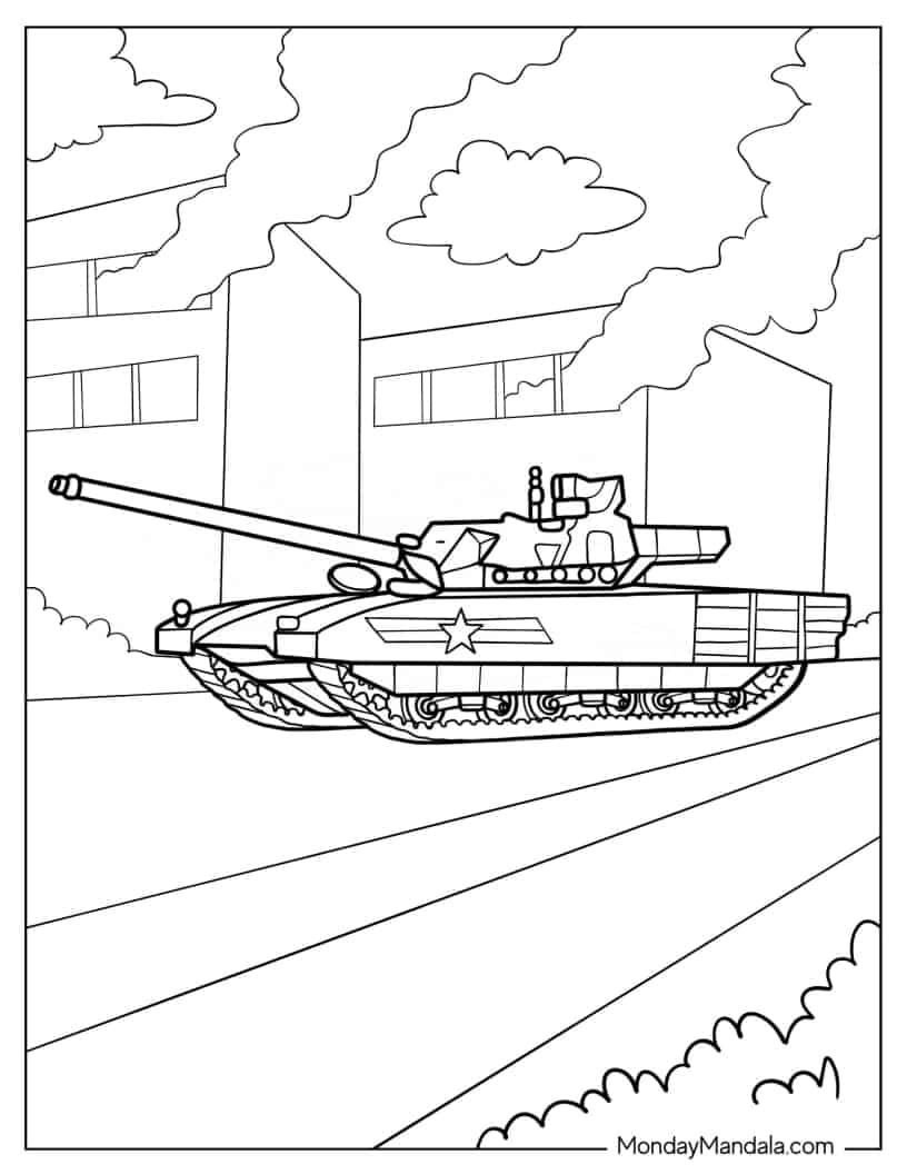 Simple Armata Russian Tank With Smoking Building in Background coloring page