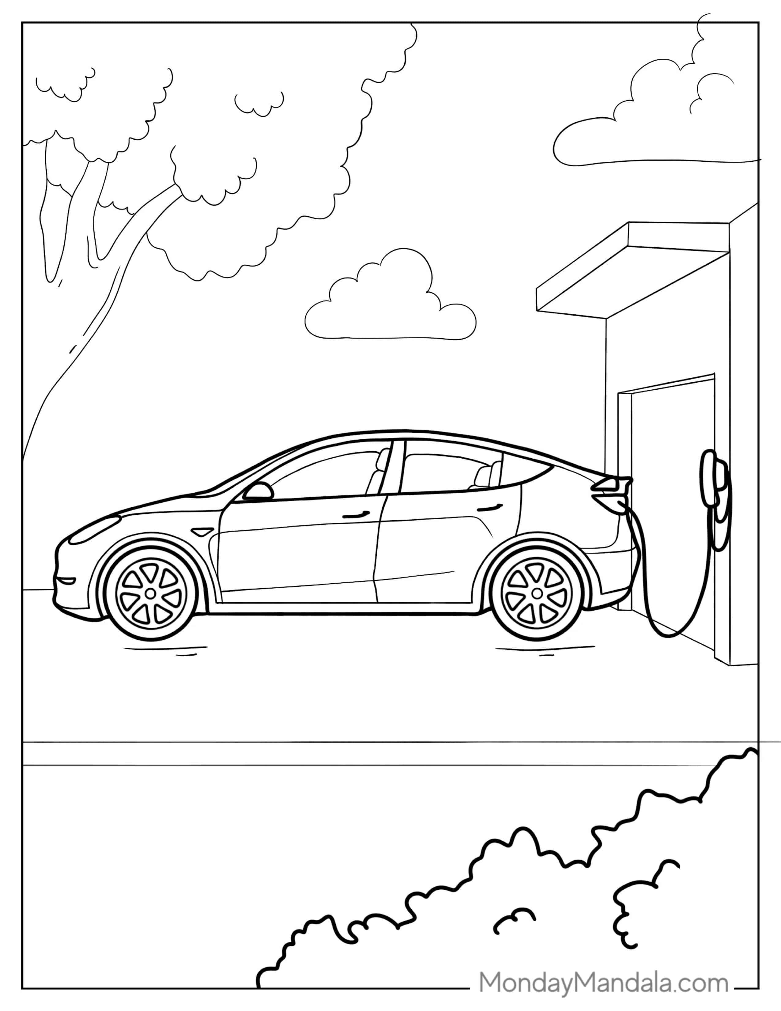 Coloring Sheet Of a Tesla Being Charged coloring page