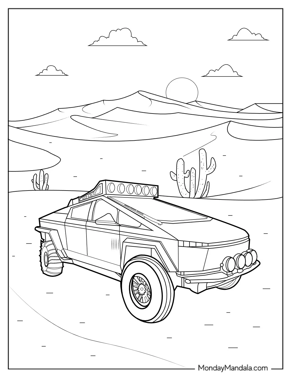 Tesla Coloring Page Cybertruck In The Desert coloring page — printable line art