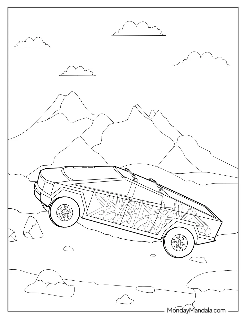 Tesla Coloring Page Cybertruck With Graffiti Off Roading coloring page — printable line art
