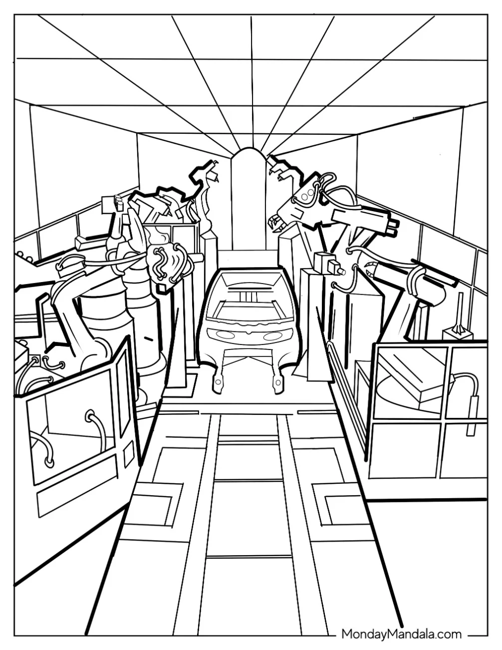Tesla Coloring Page Factory With Automated Machines Coloring Sheet coloring page — printable line art