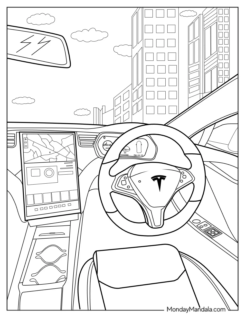 Tesla Coloring Page Interior With High Tech Dashboard coloring page