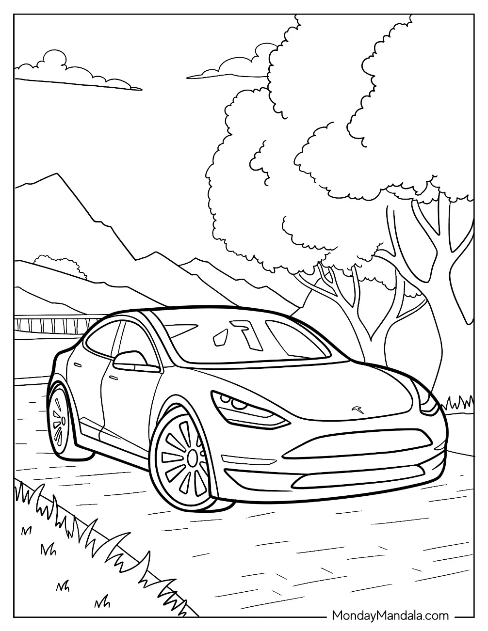 Tesla Coloring Page Parked Under A Large Tree coloring page — printable line art