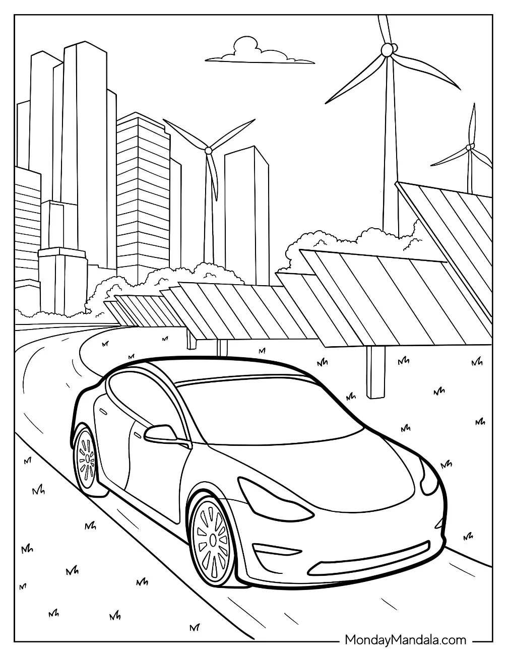 Tesla Coloring Page Roadster In A Futuristic City coloring page — printable line art