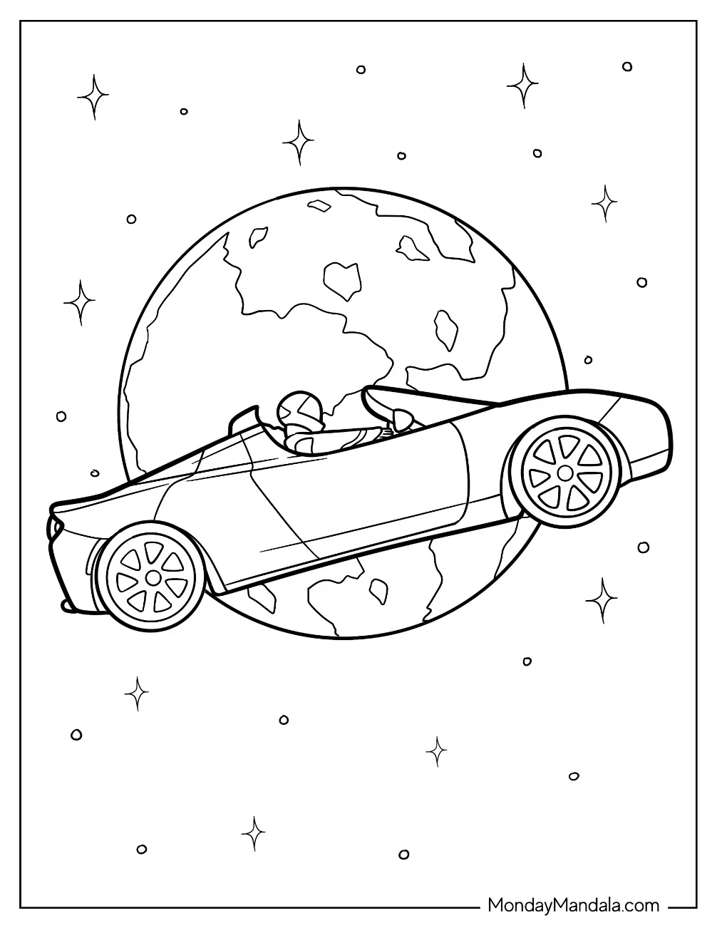 Tesla Coloring Page Roadster In Space For Kids coloring page — printable line art