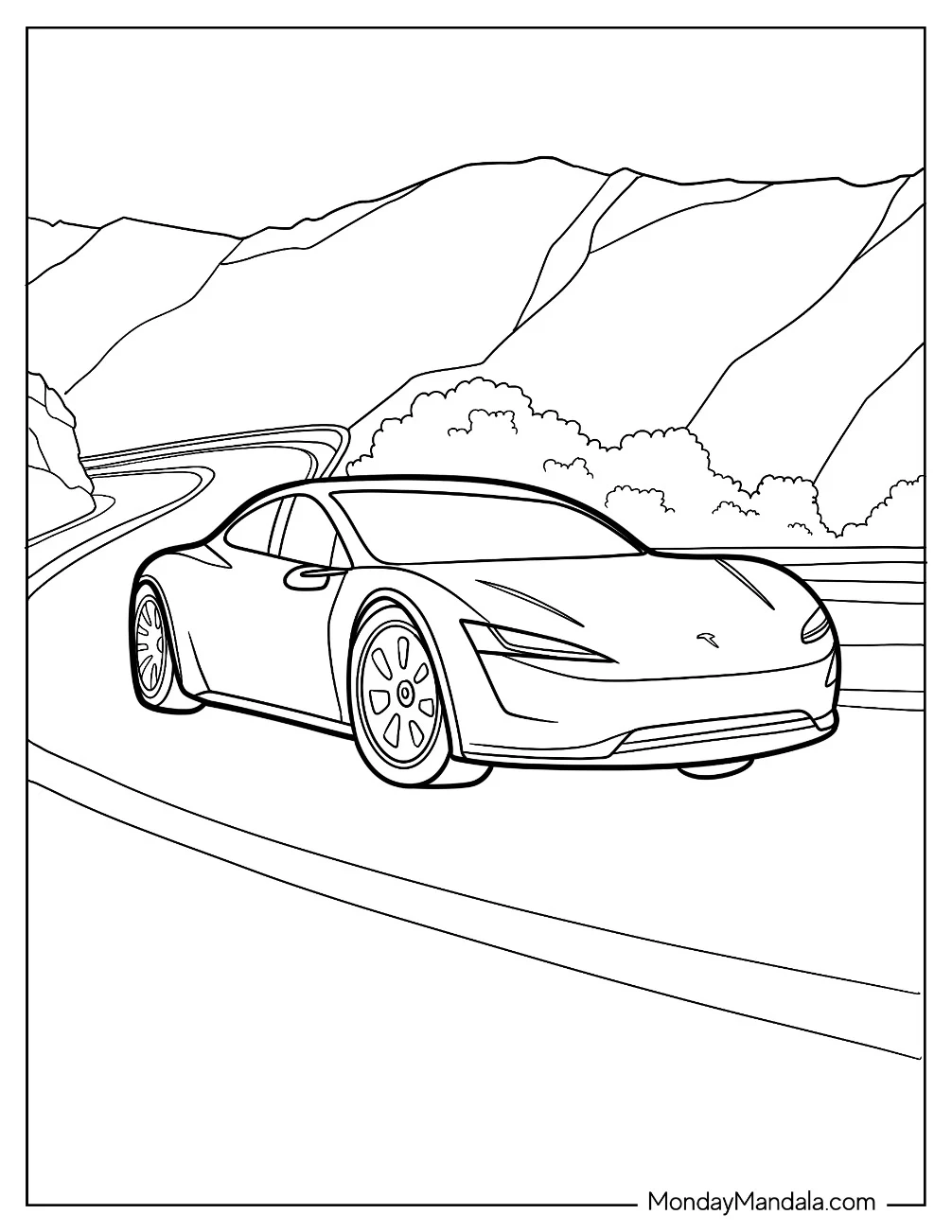 Tesla Coloring Page Roadster With Mountain Background coloring page — printable line art