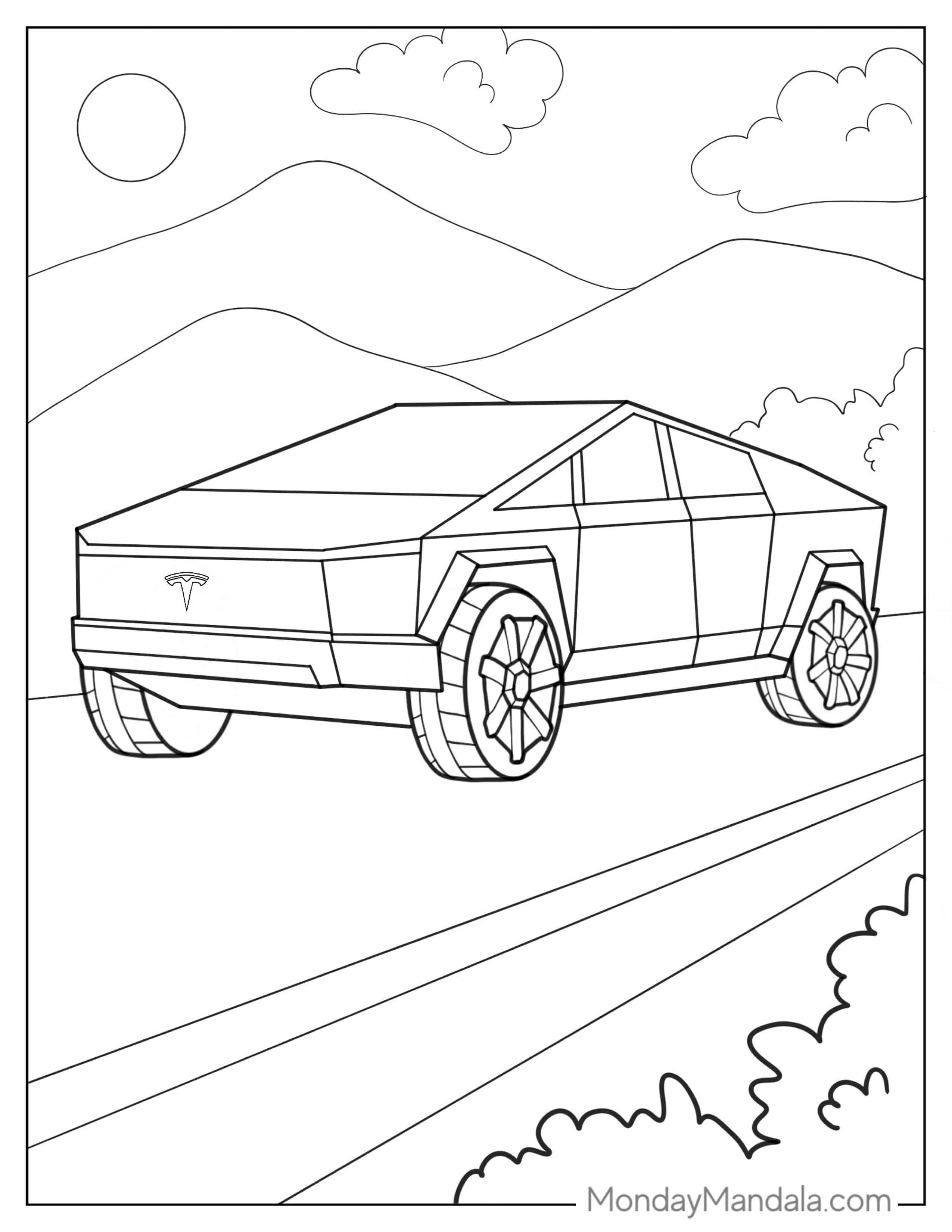 Tesla Cyber Truck Driving Through Mountains coloring page