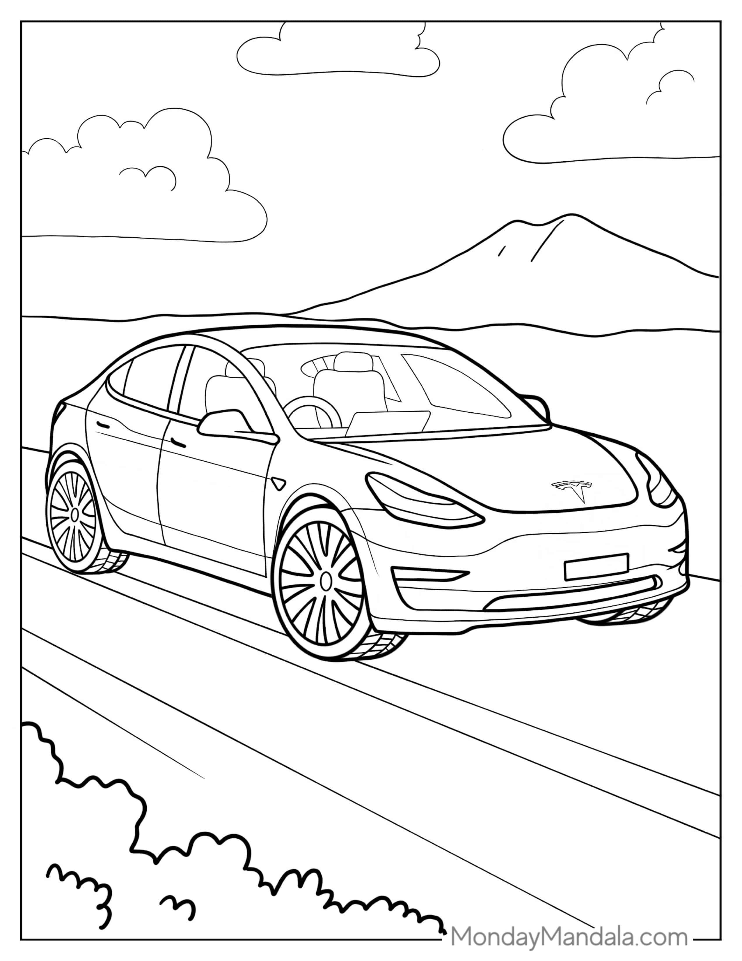 Tesla Model 3 Coloring Page coloring page — printable line art