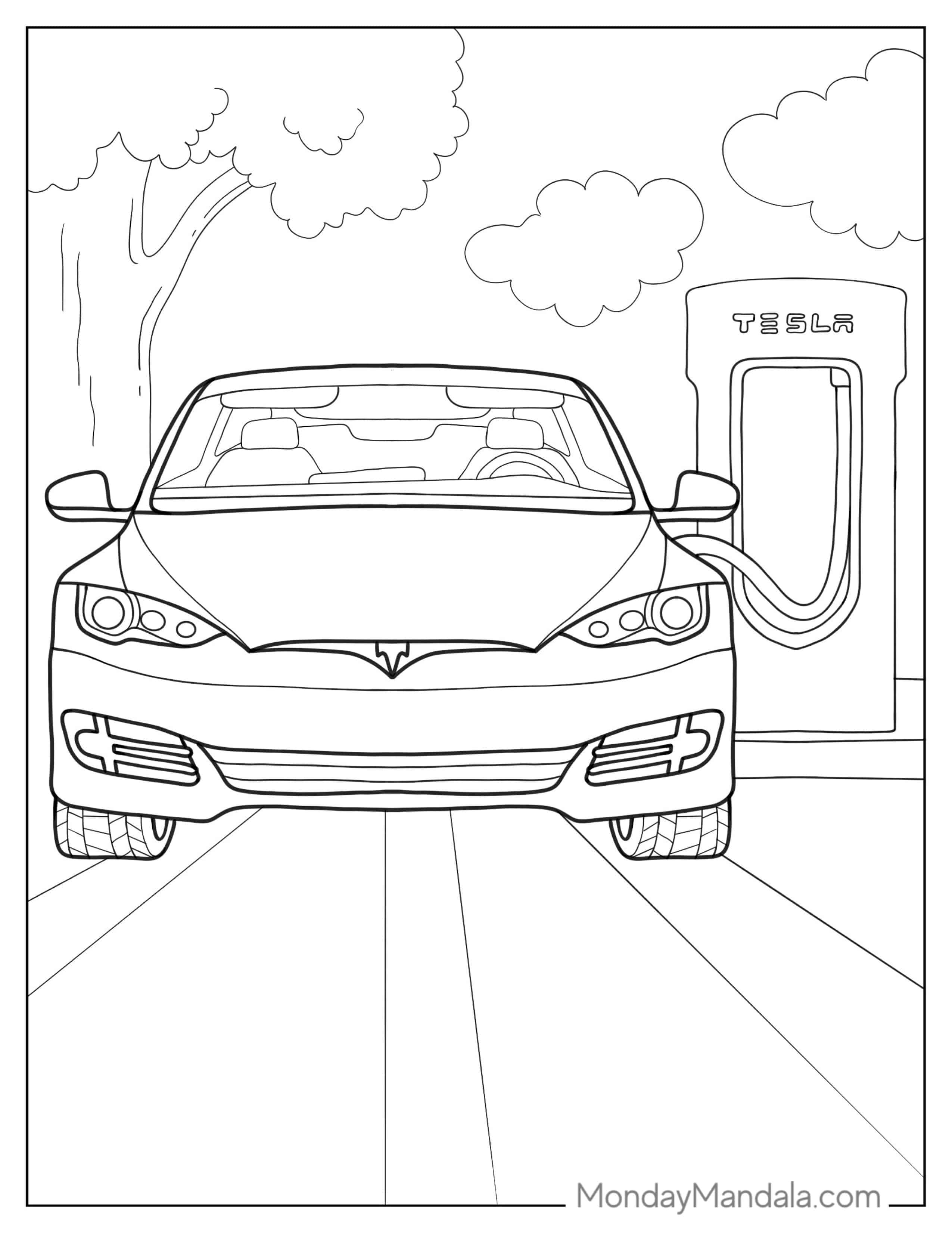 Tesla Model S Being Charged Coloring Page coloring page — printable line art