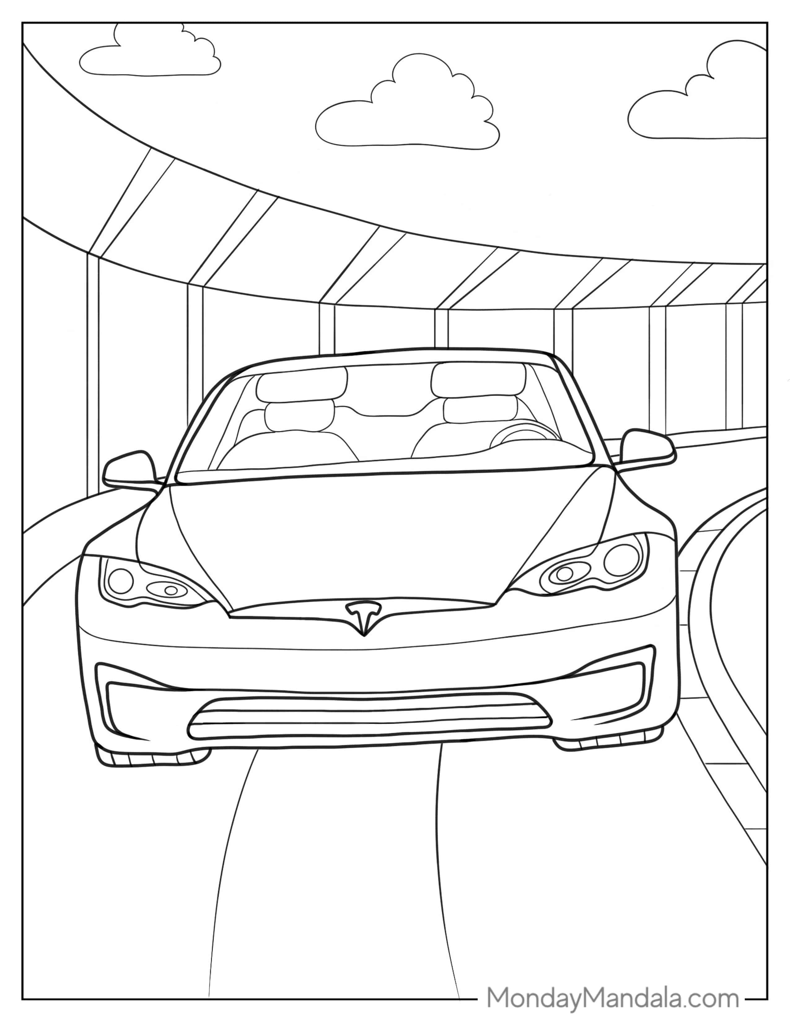 Tesla Model S Driving On a Highway To Color coloring page