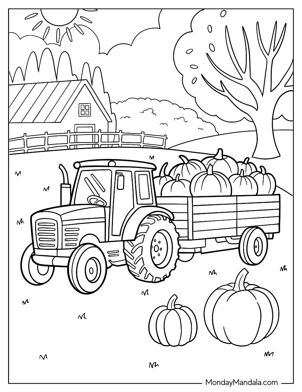 Autumn Tractor Coloring Page with Pumpkin Wagon by a Barn coloring page — printable line art