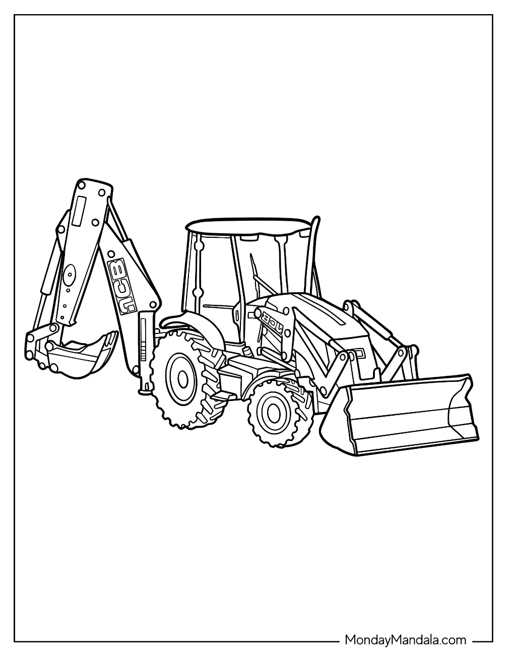 Backhoe Loader Tractor Coloring Page with Dual Buckets coloring page