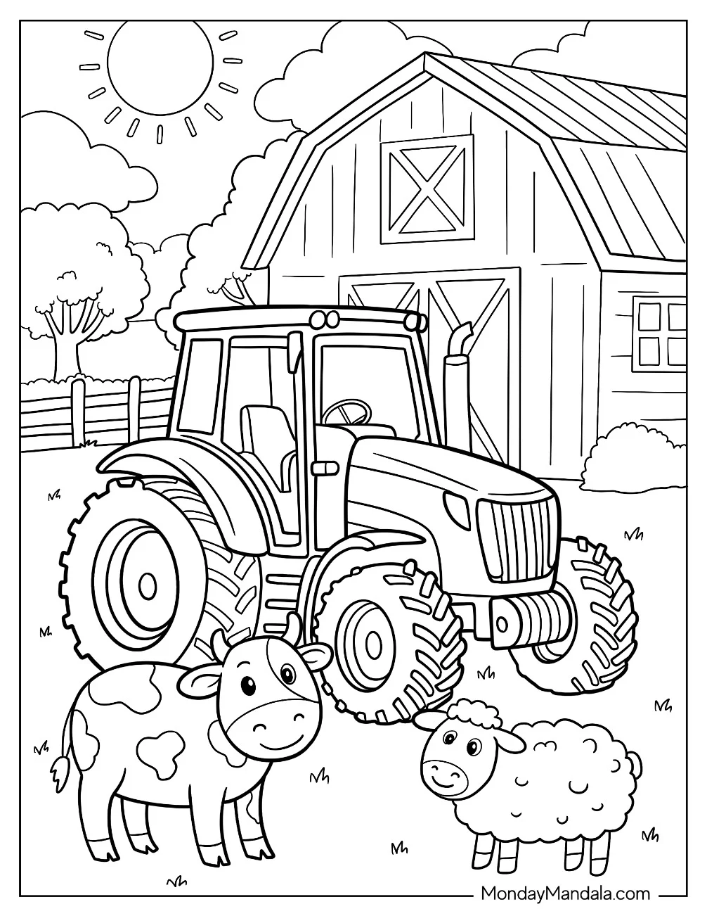 Barnyard Tractor Coloring Page with Friendly Cow and Fluffy Sheep coloring page — printable line art
