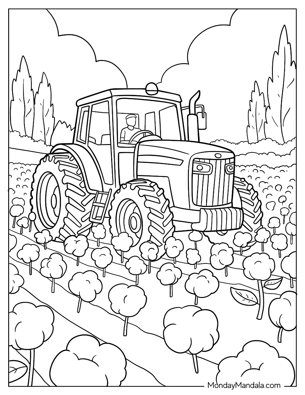 Big Farm Tractor Coloring Page Driving Through Crop Fields coloring page — printable line art