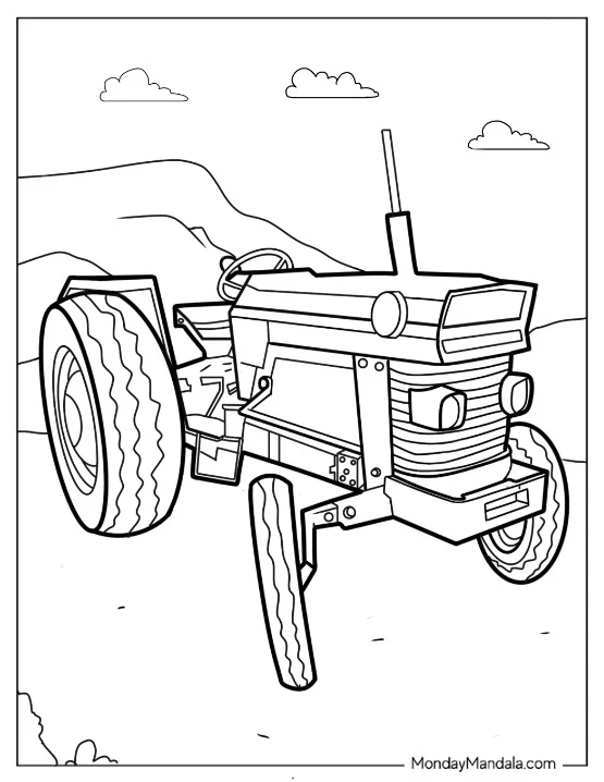 Classic Front Facing Tractor Coloring Page on Dirt Path coloring page — printable line art