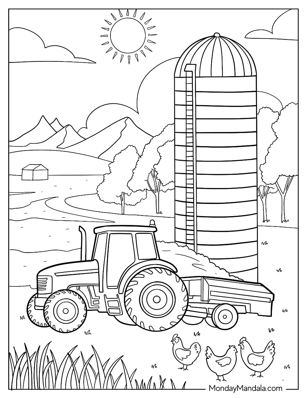 Farm Tractor Coloring Page Driving Past a Silo with Chickens coloring page