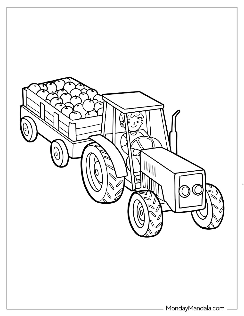 Farmer Driving Tractor with Cart Full of Apples Coloring Page For Kids coloring page