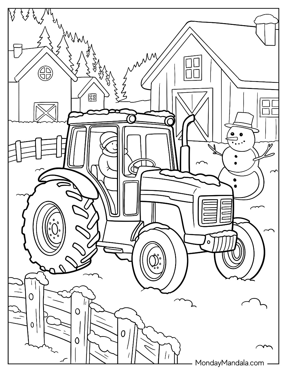 Farmer Driving Winter Tractor Coloring Page Through Snow coloring page