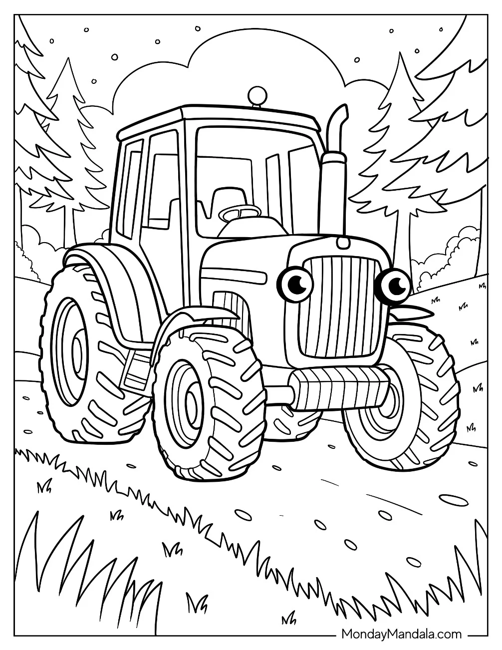 Friendly Cartoon Tractor Coloring Page with Big Wheels For Kids coloring page