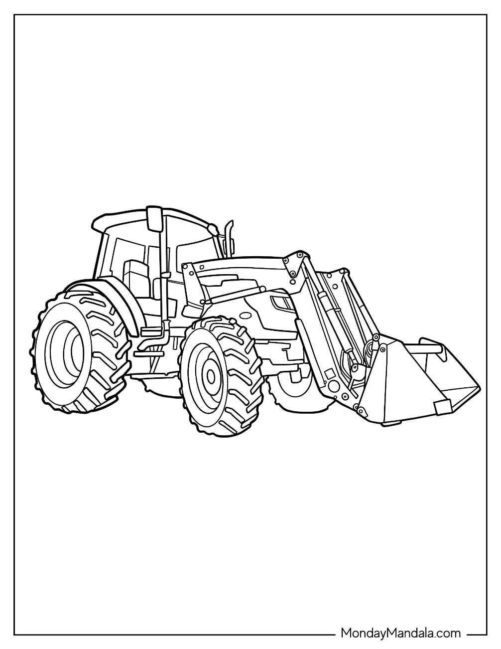 Industrial Tractor Coloring Page with Thick Tires and Loader coloring page