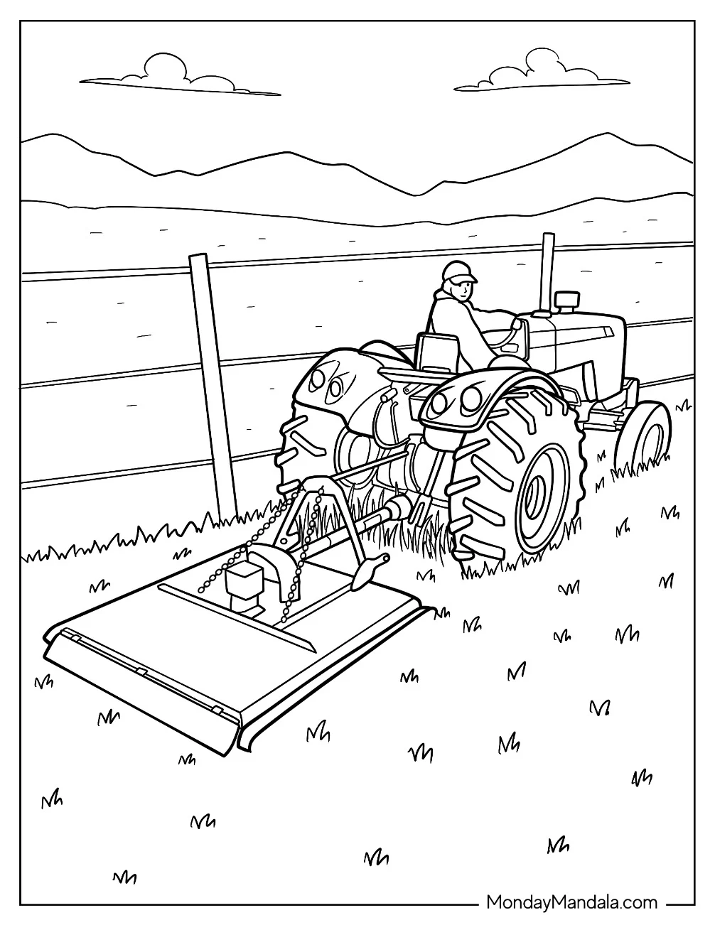 Realistic Farmer on Tractor Coloring Page Cutting Grass by the Fence coloring page