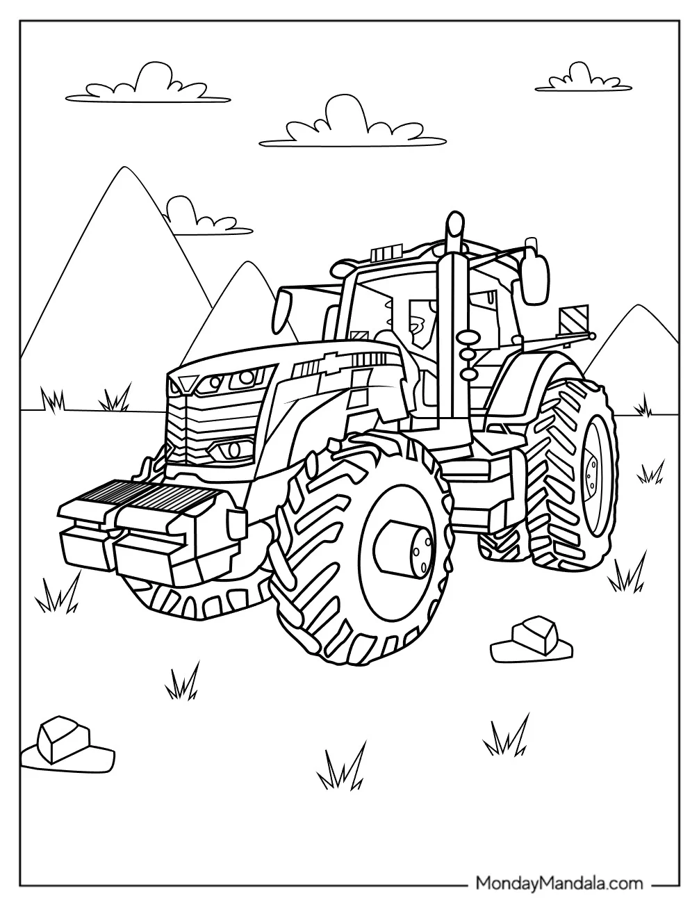 Rugged Farm Tractor Coloring Page in Mountain Landscape coloring page