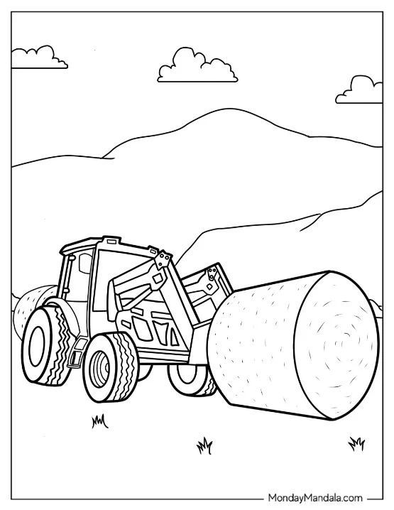 Simple Farm Tractor Coloring Page with Front Loader and Round Hay Bale coloring page