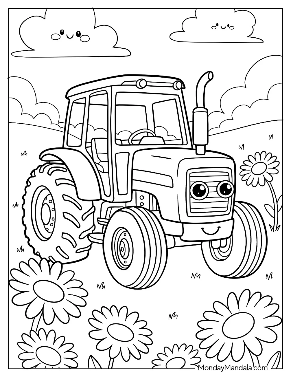 Smiling Tractor Coloring Page with Happy Clouds and Daisies coloring page