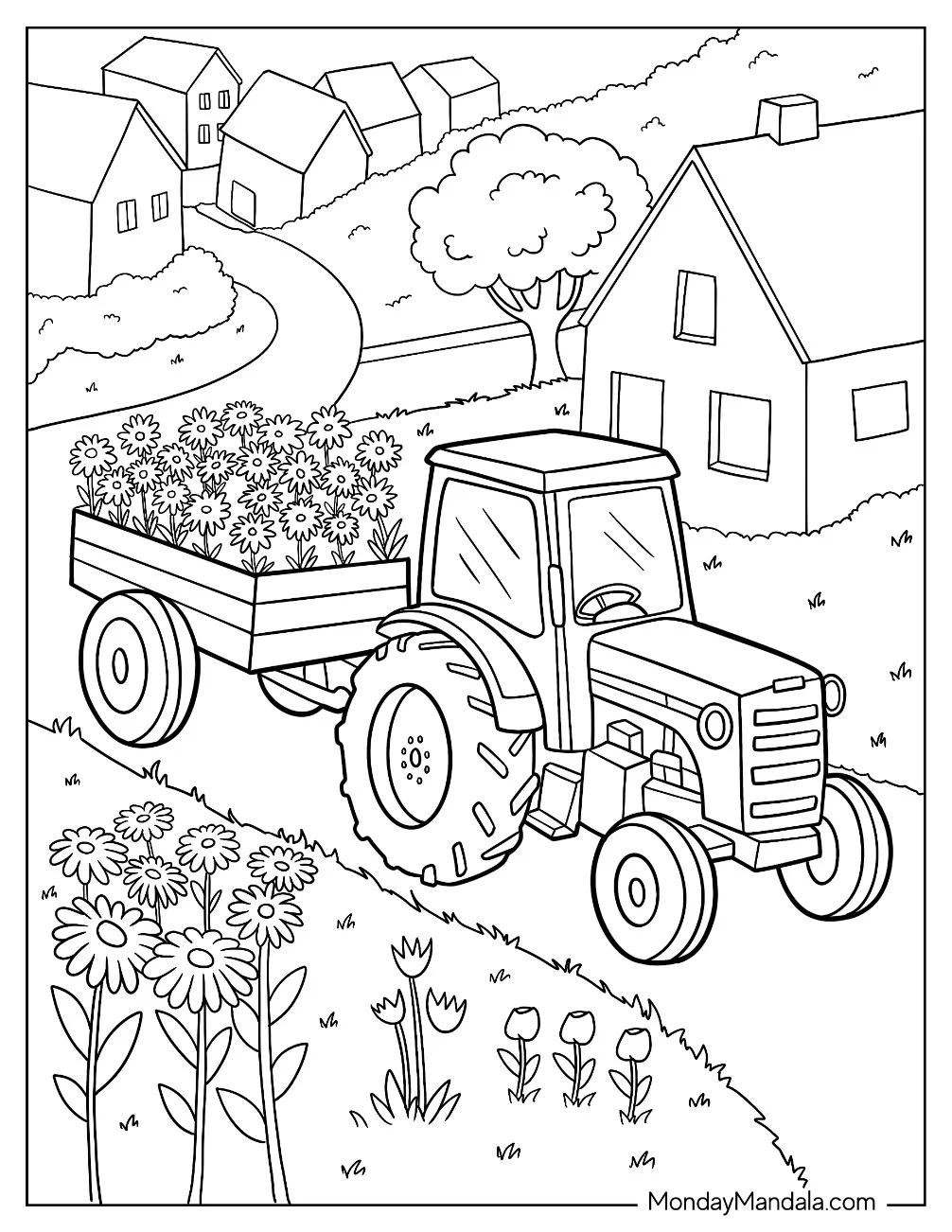 Tractor Coloring Page Carrying Flowers Through a Village Path coloring page