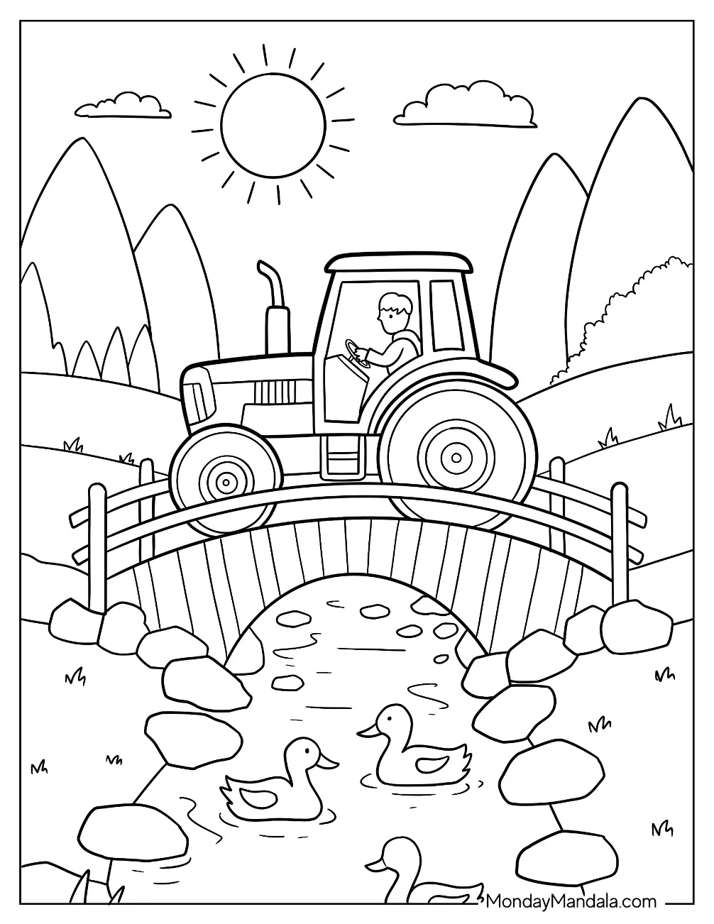 Tractor Coloring Page Crossing a Stone Bridge Over Duck Pond coloring page — printable line art