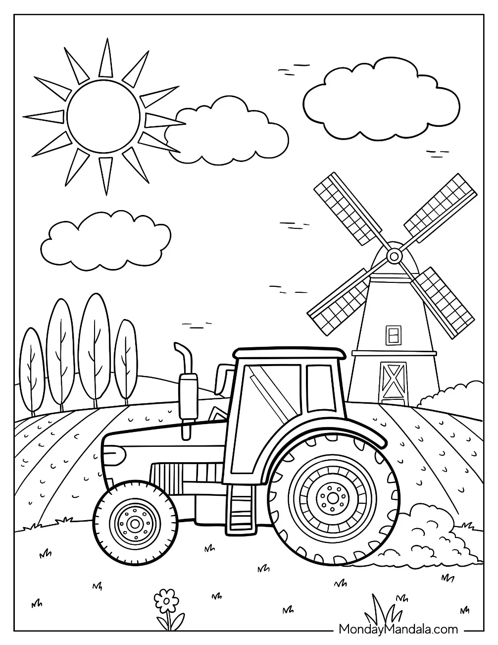 Tractor Coloring Page Driving Past Windmill on Sunny Farm For Kids coloring page