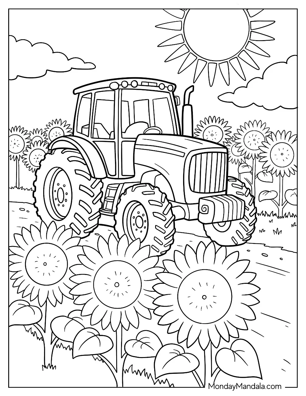 Tractor Coloring Page Driving Through a Sunflower Field coloring page