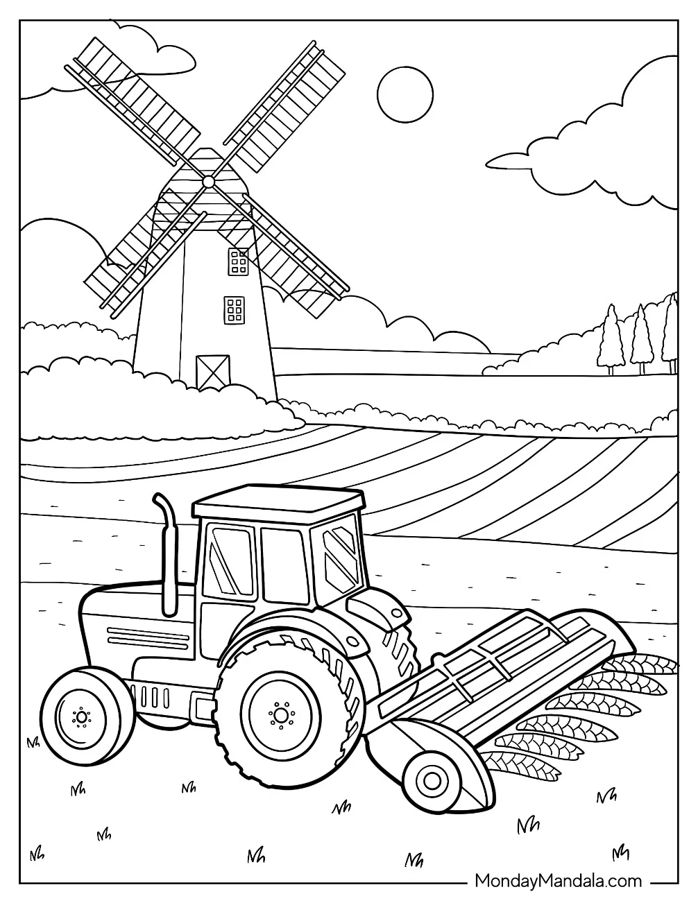 Tractor Coloring Page Harvesting Crops Near a Windmill coloring page
