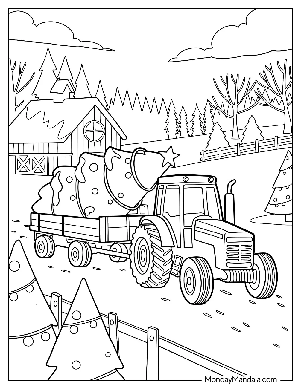 Tractor Coloring Page Hauling Christmas Trees Through Winter Farm coloring page