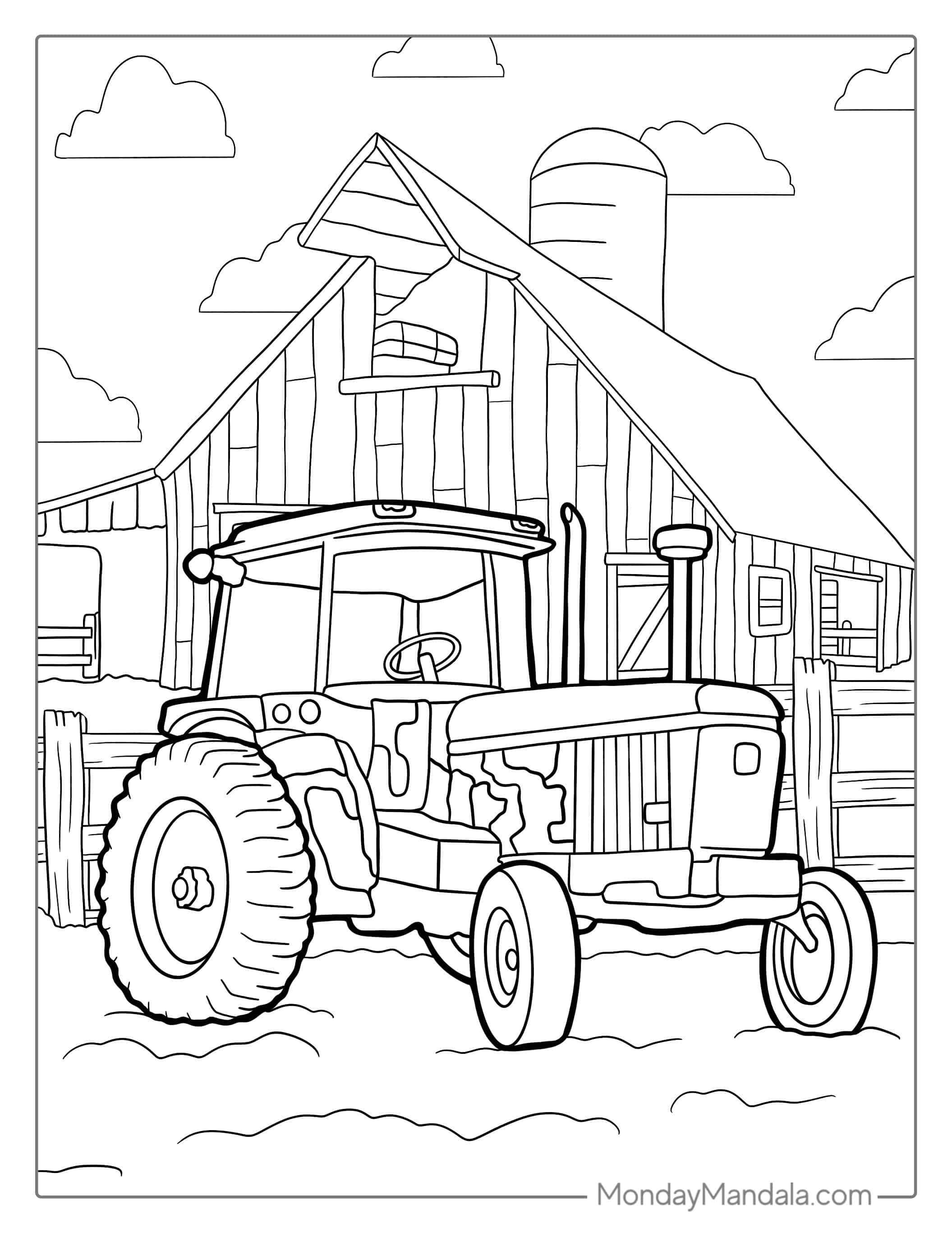 Tractor On Field With Barn Coloring Sheet coloring page