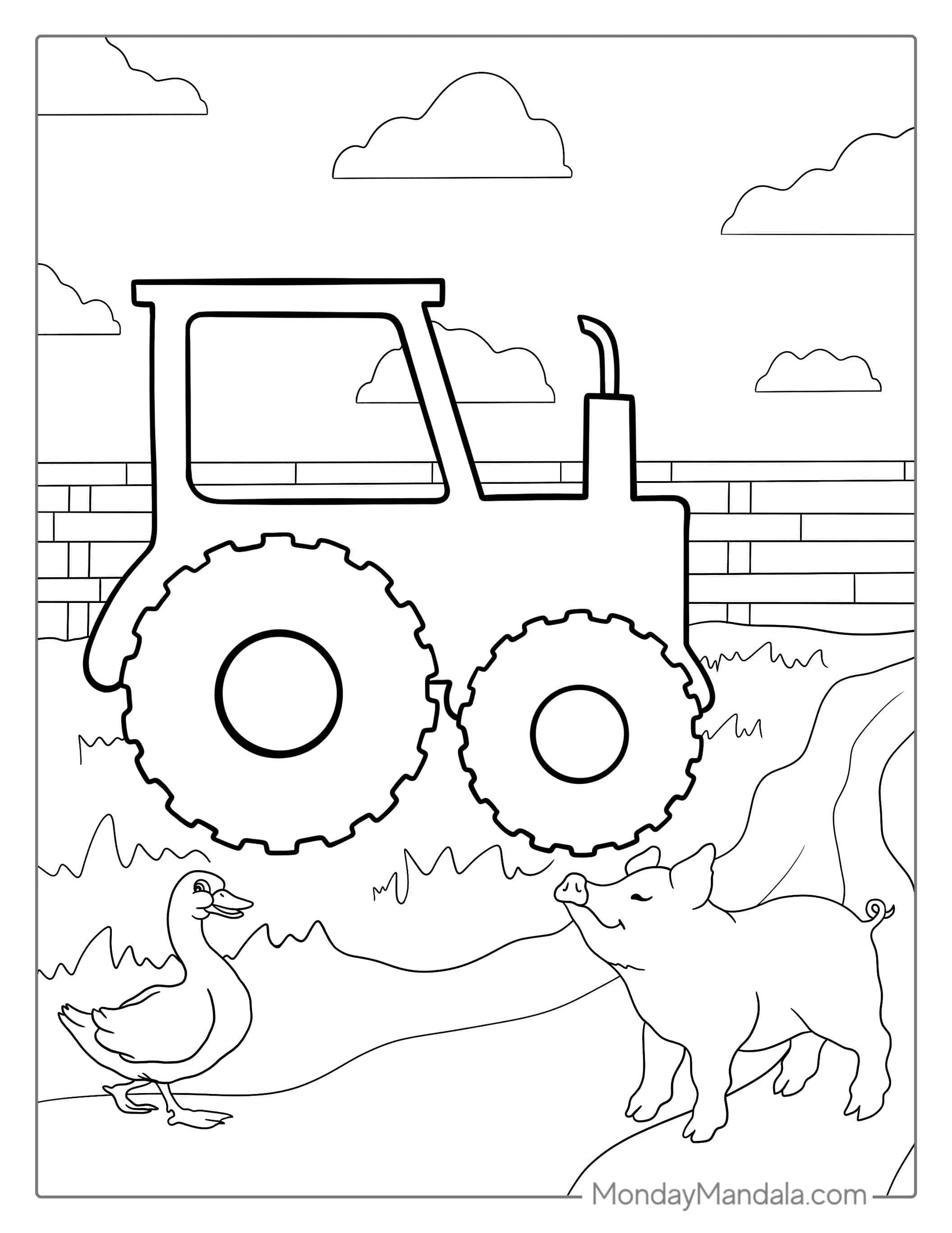Tractor On Field With Pigs coloring page