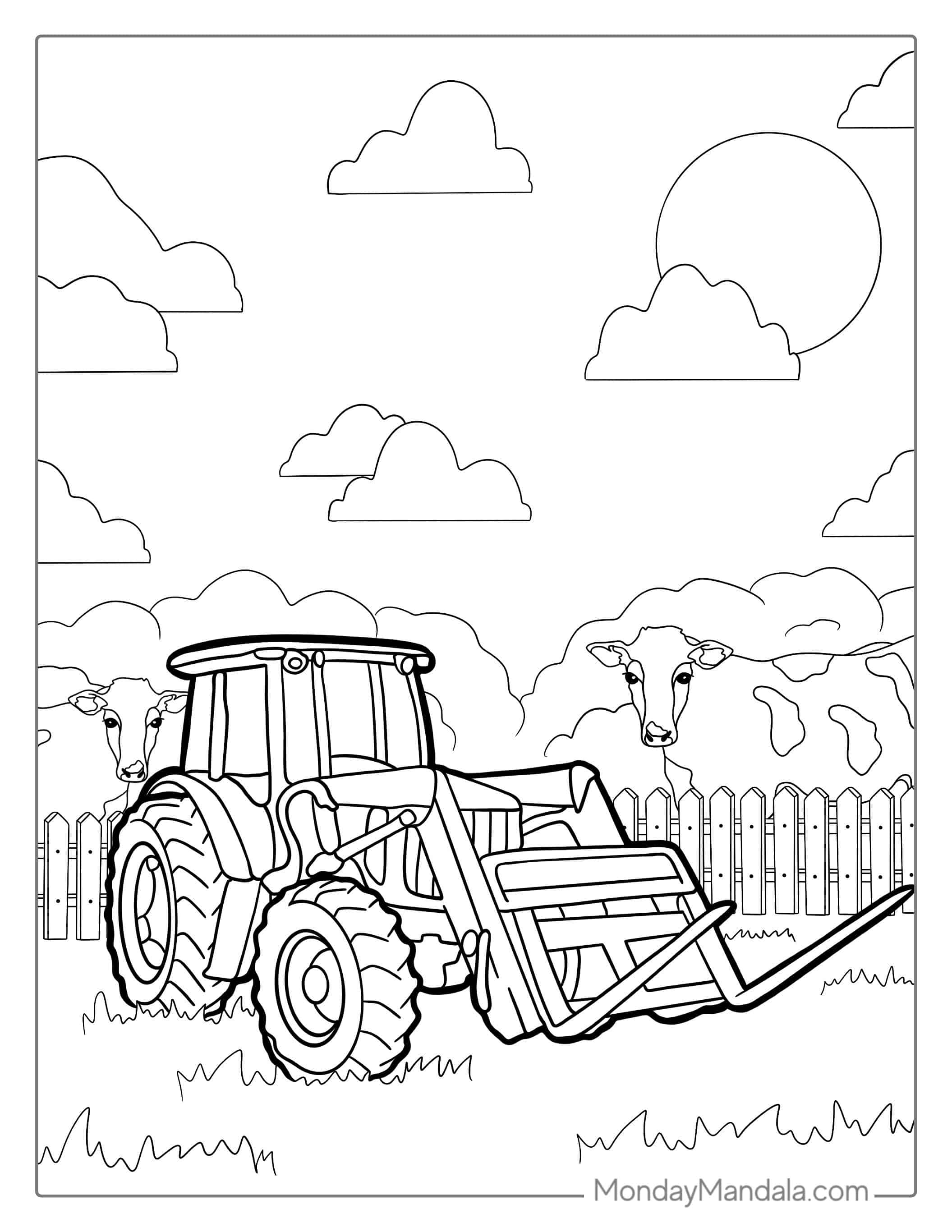 Tractor With Cows In The Background coloring page — printable line art