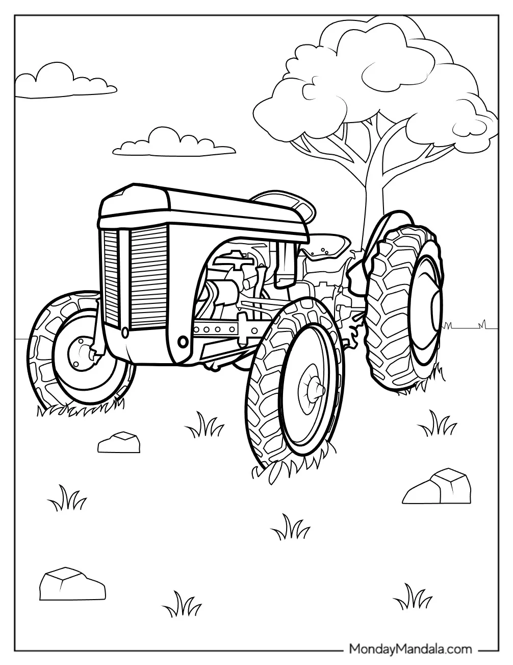 Vintage Farm Tractor Coloring Page in Grassy Field coloring page