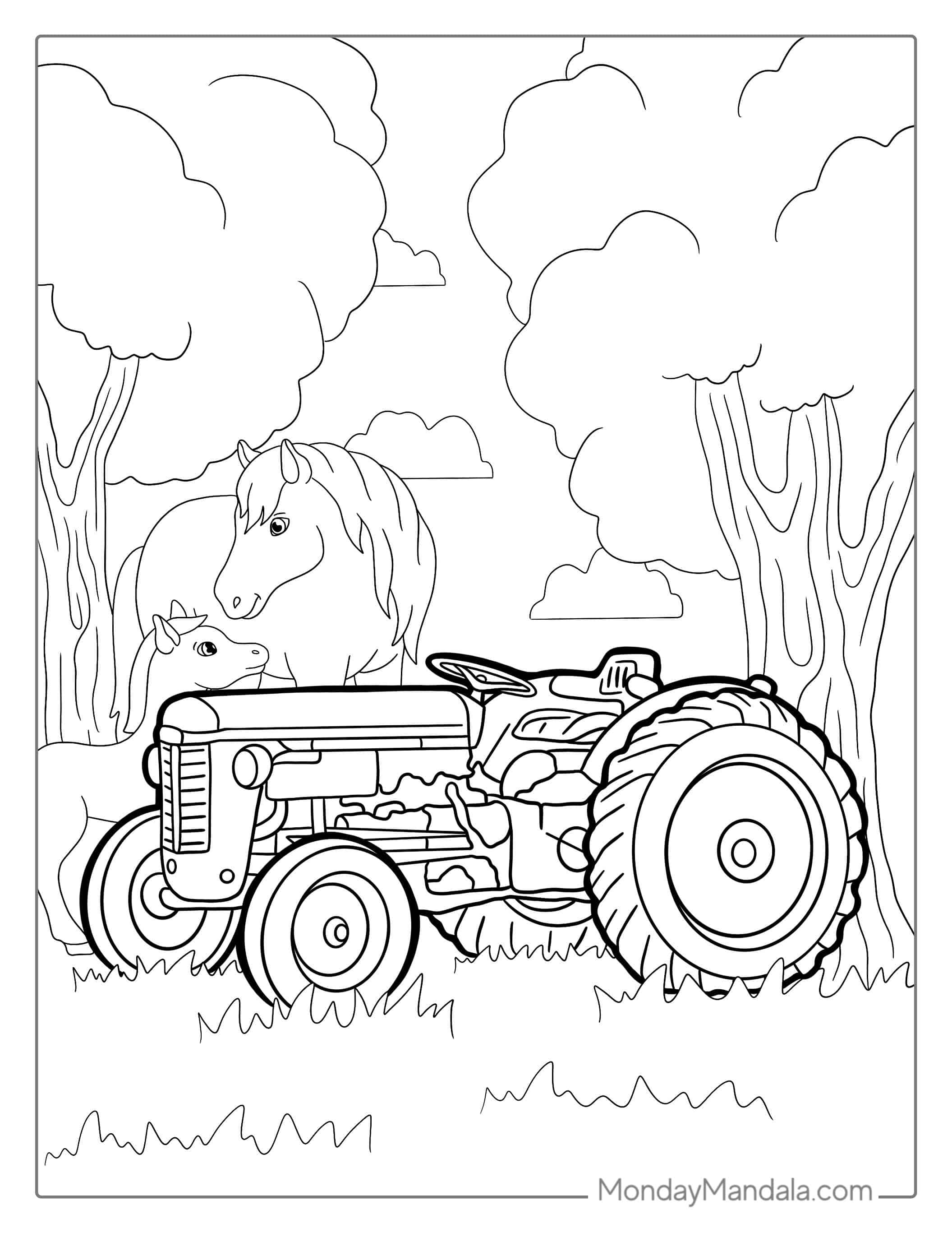 Vintage Tractor In Field With Horses coloring page