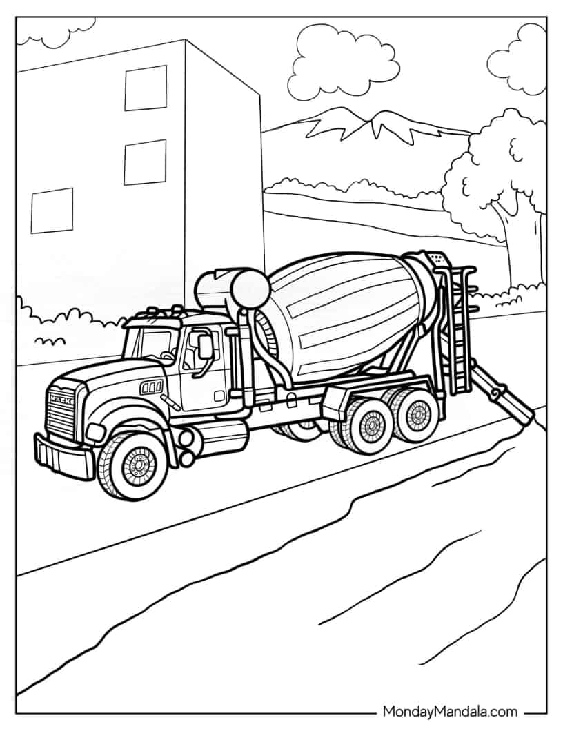 Cement Truck Pouring Out Concrete To Color coloring page — printable line art