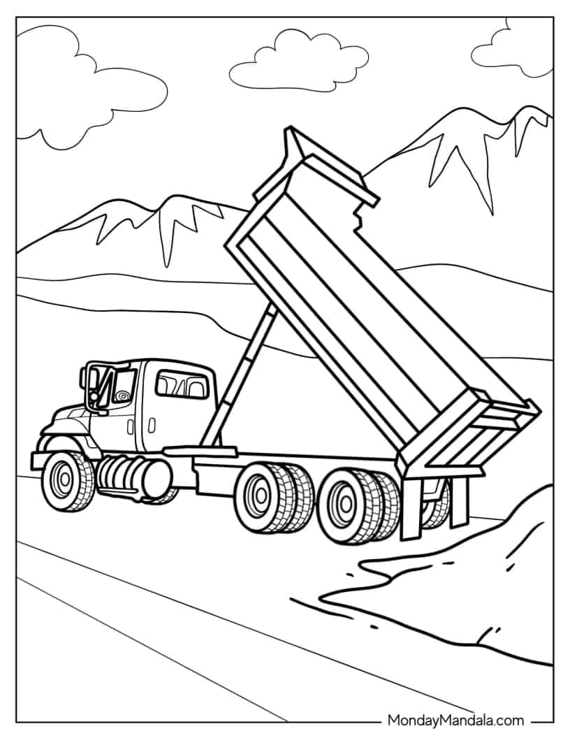 Coloring Page Of a Truck Dumping Dirt coloring page — printable line art