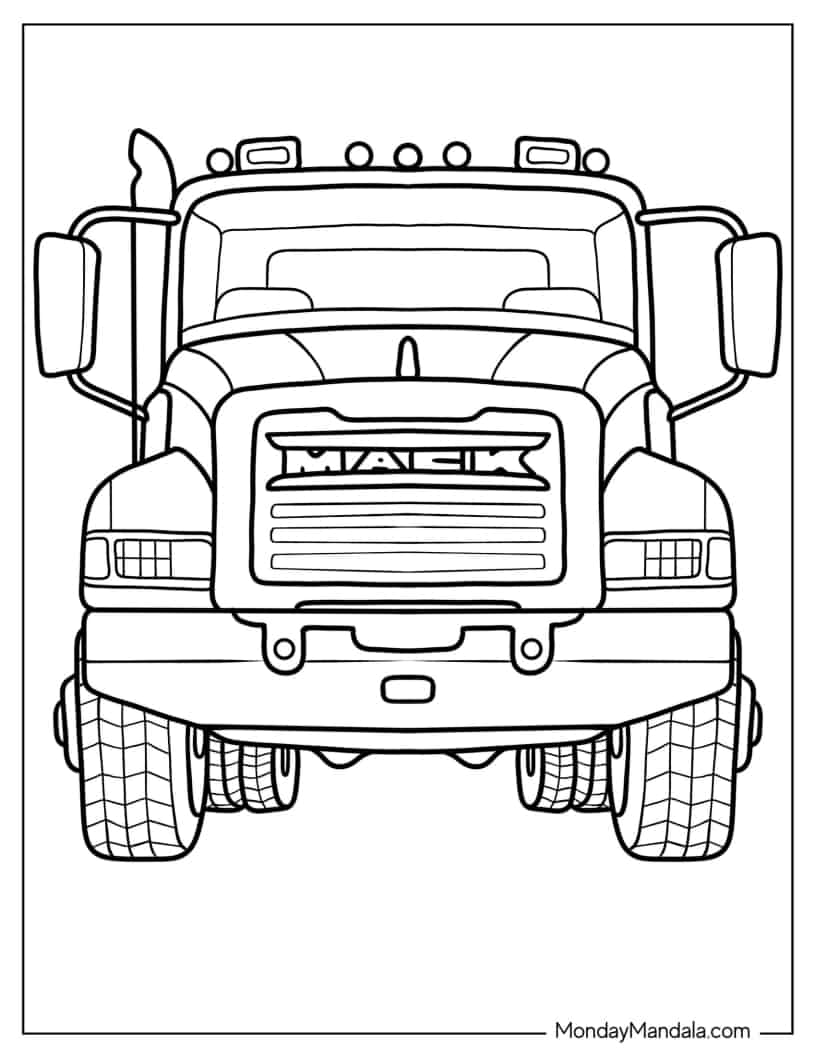 Front Facing MACK Truck To Color coloring page — printable line art