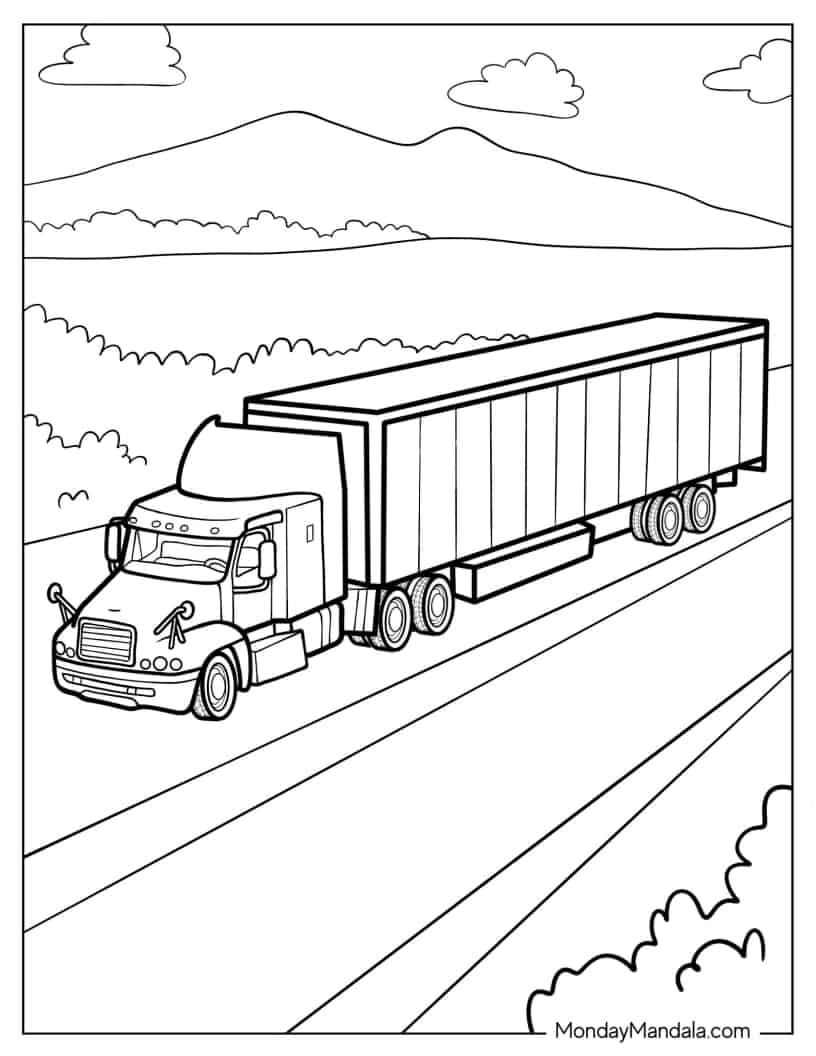 Large Semi Truck Towing Trailer To Color coloring page