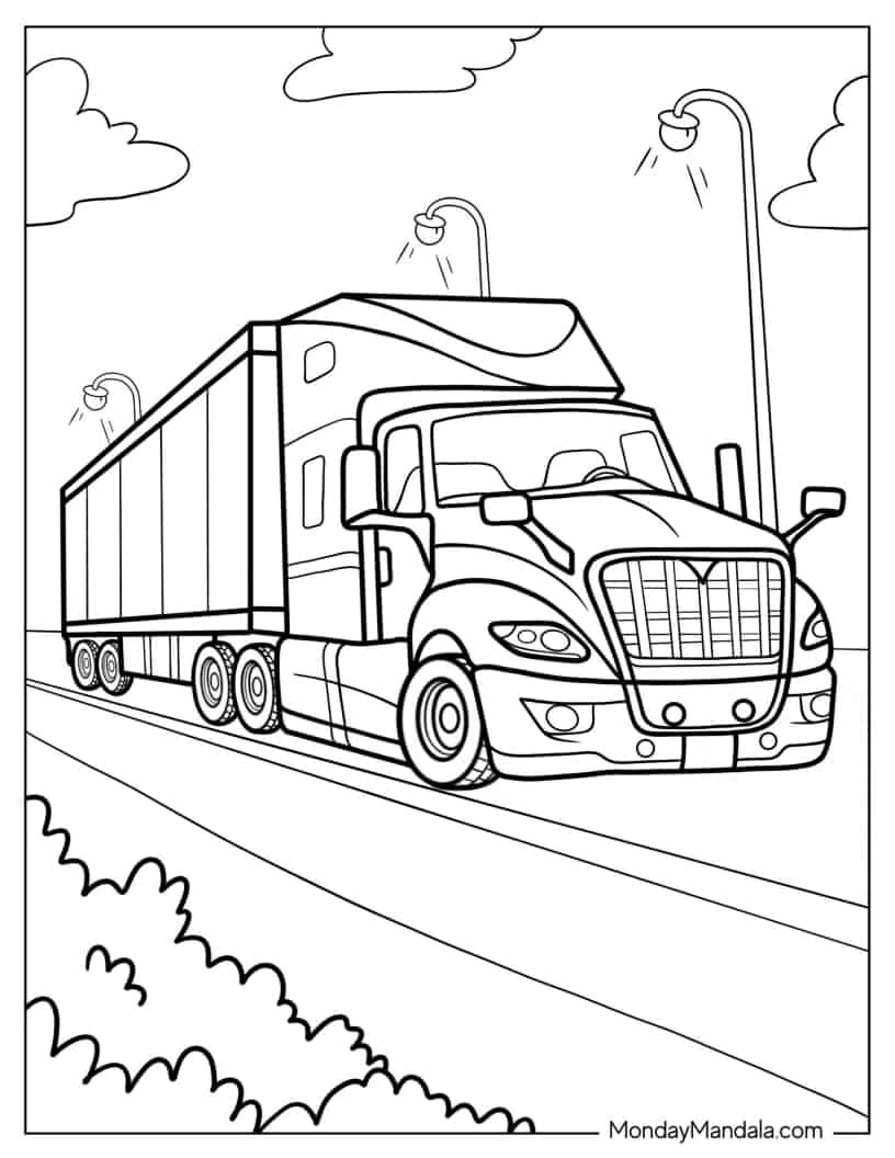 Semi Truck Towing Trailer coloring page — printable line art