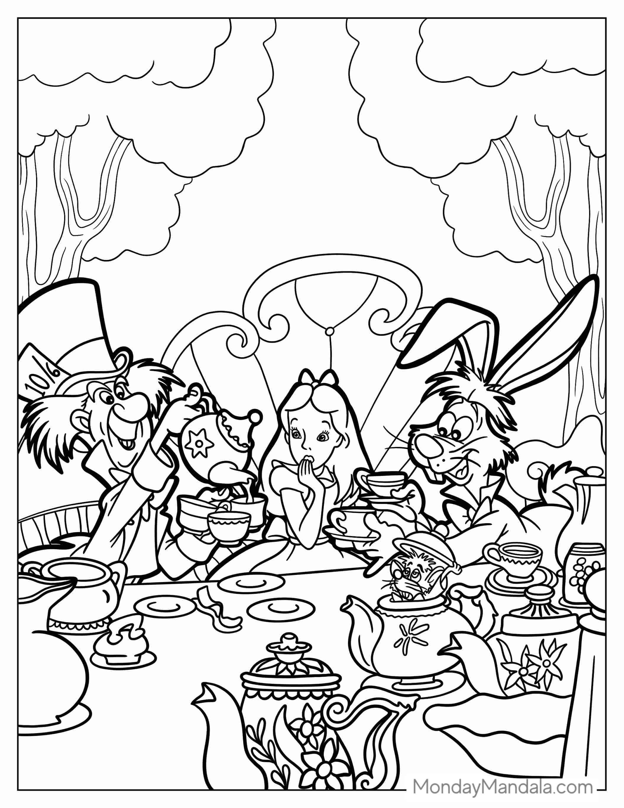 Alice At Tea PArty With Hatter And White Rabit coloring page