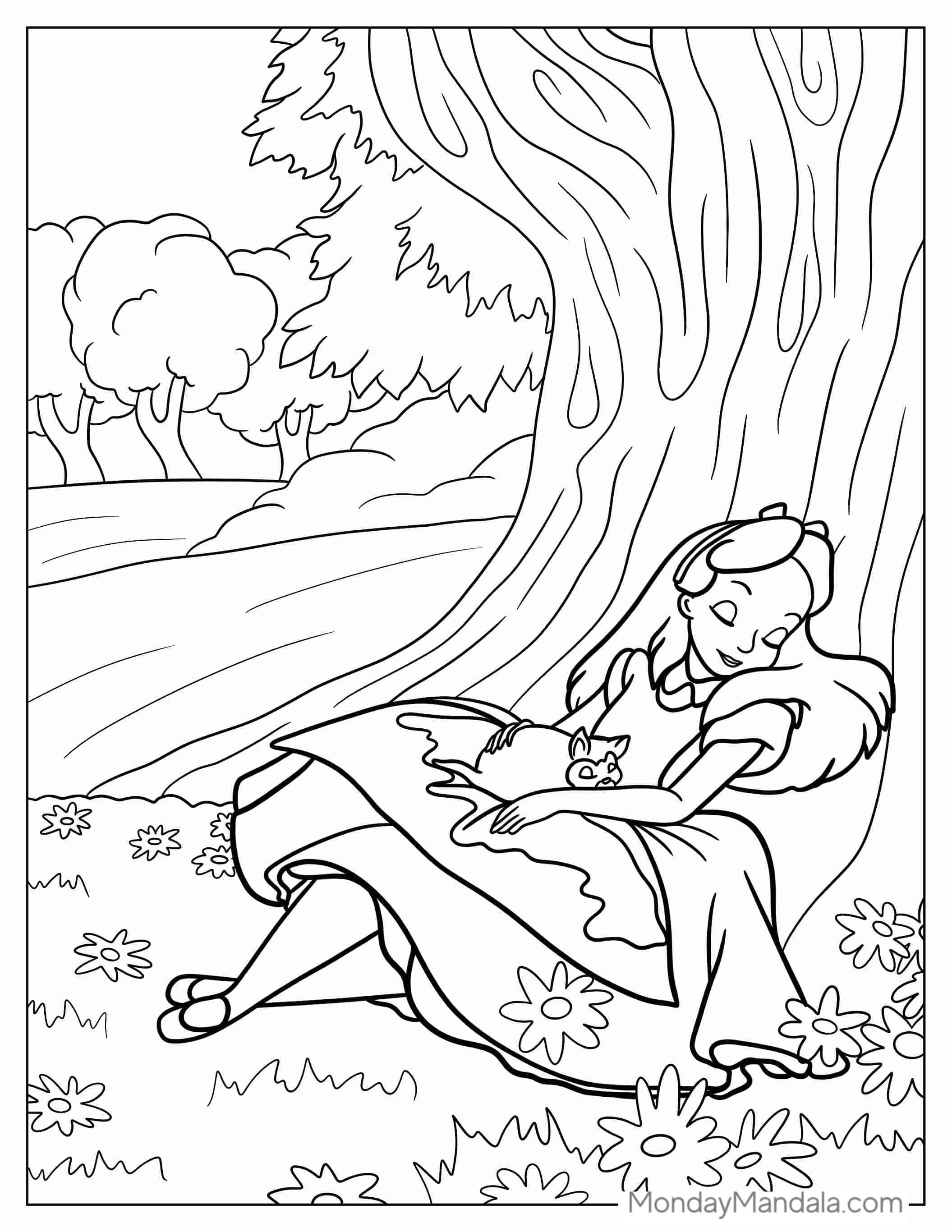 Alice Sleeping Under Tree Coloring Page coloring page