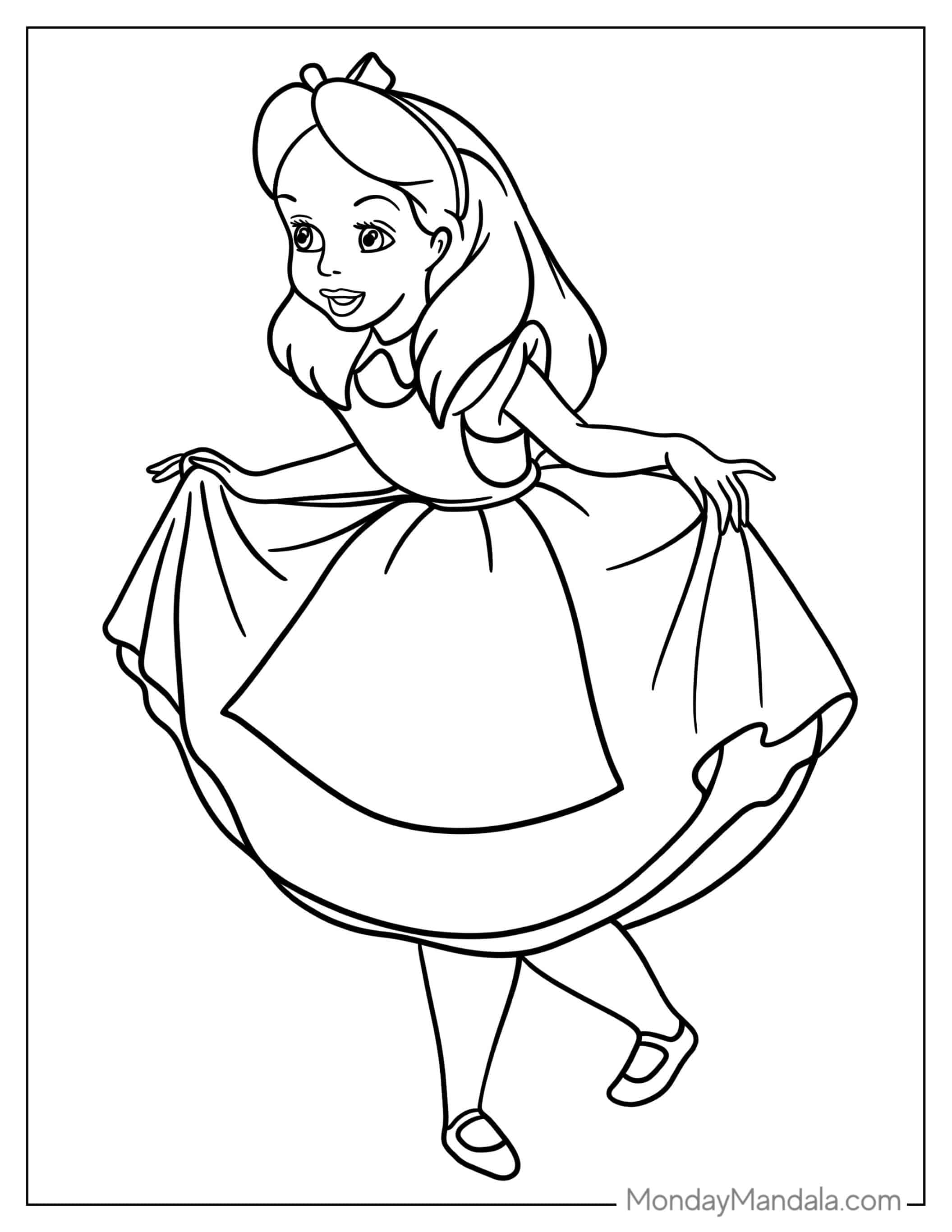 Simple Outline Of Alice In Wonderland To Color For Kids coloring page
